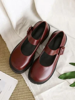 Academic Lolita Footwear Escarpins Lolita à talons épais en cuir PU bordeaux