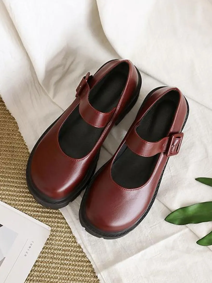 Academic Lolita Footwear Escarpins Lolita à talons épais en cuir PU bordeaux