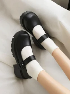 Academic Lolita Footwear Escarpins Lolita à talons épais en cuir PU bordeaux