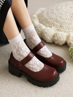 Academic Lolita Footwear Escarpins Lolita à talons épais en cuir PU bordeaux