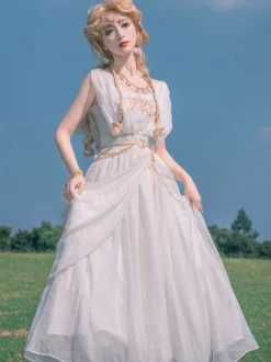 Académique Ensemble Lolita Cape De Robe Sans Manches Brodée Blanche 3 Pièces