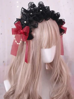 Accessoire de cheveux gothique Lolita Ruffle Bow Pearl Lace Black Déguisements Halloween