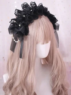 Accessoire de cheveux gothique Lolita Ruffle Bow Pearl Lace Black Déguisements Halloween