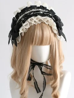 Accessoires gothiques Lolita Nœuds noirs Dentelle Coiffes Polyester Divers