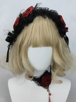 Accessoires gothiques Lolita Volants bordeaux Roses Bloc de couleurs Coiffes Divers