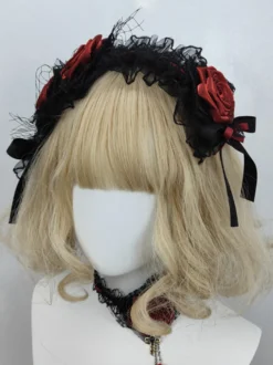 Accessoires gothiques Lolita Volants bordeaux Roses Bloc de couleurs Coiffes Divers