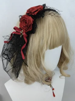 Accessoires gothiques Lolita Volants bordeaux Roses Bloc de couleurs Coiffes Divers