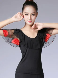 Attrayant costume de danse latine Soie de lait noir avec dentelle Top Déguisements Halloween