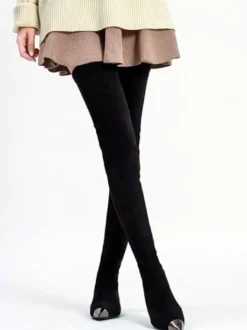 Au-dessus du genou Bottes en daim noir bout pointu plat Cuissardes pour les femmes