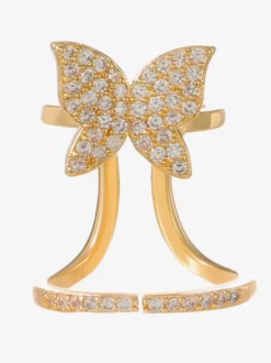 Bague de protection d'ongle ajustable dorée ornée de strass papillon et crâne rose émaillé