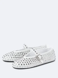 Ballerines Femme Noires Strass Clou Bout Rond Mary Jane Chaussures Plates À Boucle