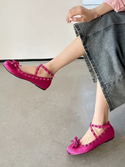 Ballerines femmes avec rivet nœud à bout rond nœud croisé en satin