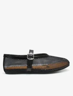 Ballerines Femmes Mary Jane Chaussures Plates Noires À Bout Rond En Maille À Boucle