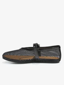 Ballerines Femmes Mary Jane Chaussures Plates Noires À Bout Rond En Maille À Boucle