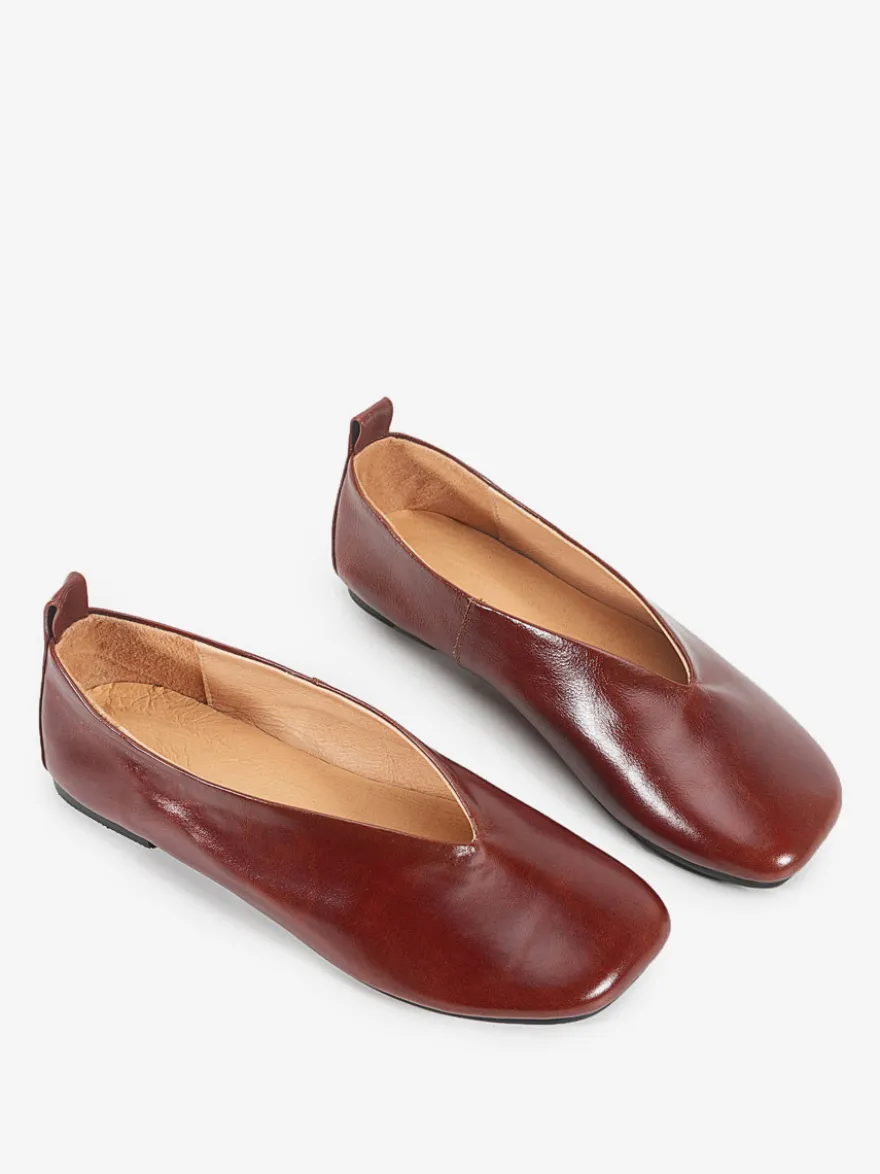 Ballerines pour femmes en cuir véritable bout carré chaussures à enfiler