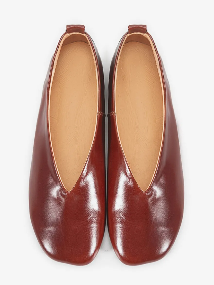 Ballerines pour femmes en cuir véritable bout carré chaussures à enfiler