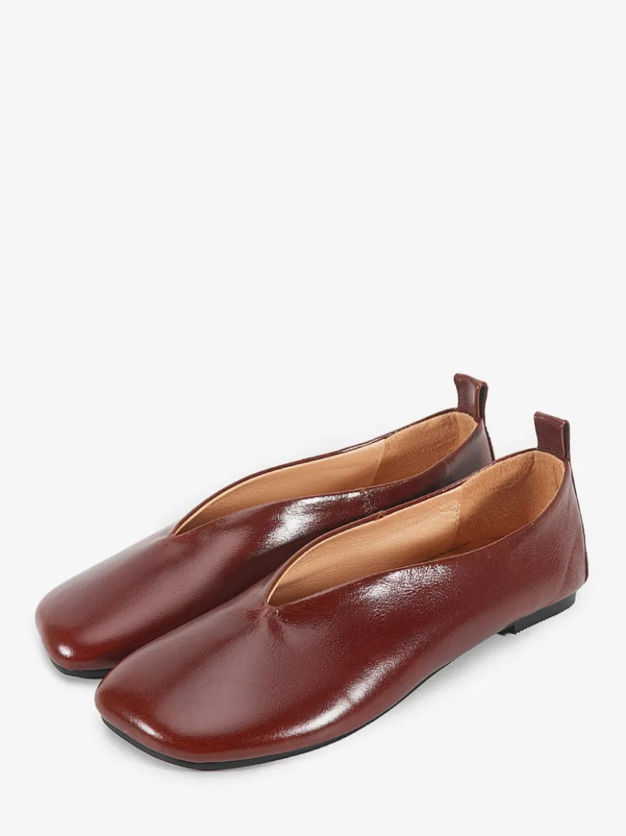 Ballerines pour femmes en cuir véritable bout carré chaussures à enfiler