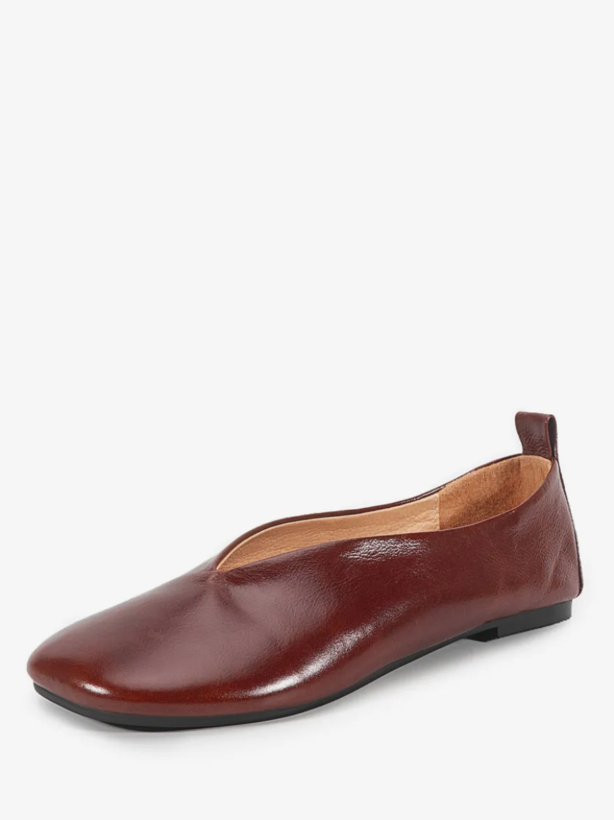 Ballerines pour femmes en cuir véritable bout carré chaussures à enfiler