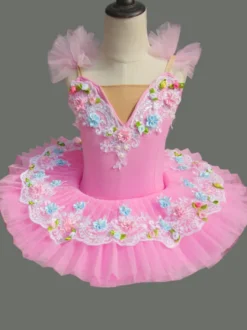 Ballet Dance Costume Rose Dentelle Fleurs Plissé Robe Déguisements Halloween