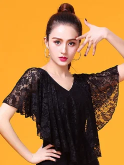 Ballroom Dance Costume Dentelle Poncho Top Noir Femmes V Cou Formation Danse Vêtements Déguisements Halloween