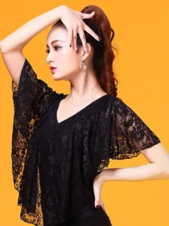 Ballroom Dance Costume Dentelle Poncho Top Noir Femmes V Cou Formation Danse Vêtements Déguisements Halloween