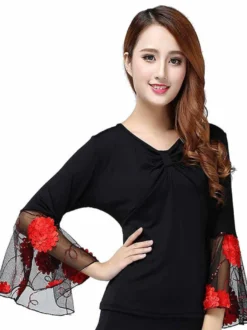Ballroom Dance Costume Top Femmes Long Sleeve V Neck T Shirt Top Déguisements Halloween