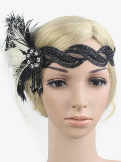 Bandeau Charleston Noir The Great Gatsby 1920s Coiffes Plume Accessoires de Robe Charleston Costume Vintage Femmes Déguisements Halloween