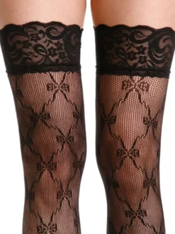 Bas autofixant en nylon noir jacquard avec dentelle