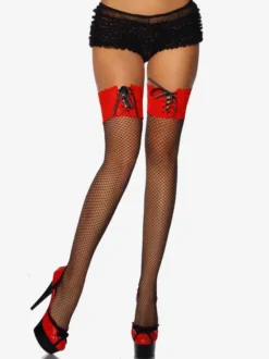 Bas collants sexy rouges bicolores transparents montants jusqu'aux cuisses