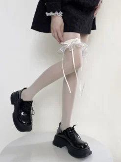 Bas cuissardes Sweet Lolita transparents à volants et nœuds chaussettes hautes transparentes