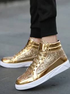Baskets montantes dorées à paillettes bout rond style skate pour hommes