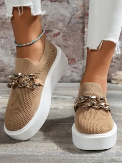 Baskets plates décontractées à bout rond avec chaîne élastique pour femmes