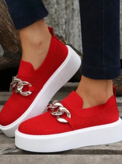 Baskets plates décontractées à bout rond avec chaîne élastique pour femmes