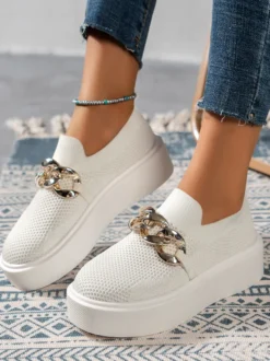 Baskets plates décontractées à bout rond avec chaîne élastique pour femmes