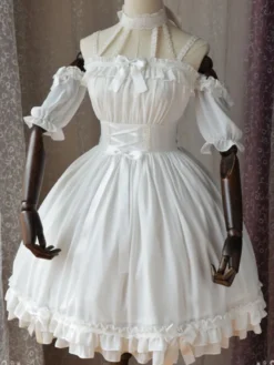 Belle robe à bretelles lolita en chiffon unicolore à volants et bretelles Robe Déguisements