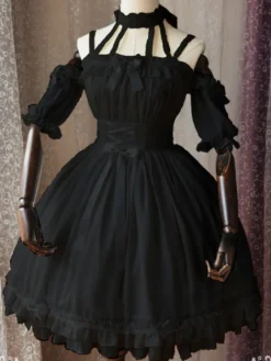 Belle robe à bretelles lolita en chiffon unicolore à volants et bretelles Robe Déguisements