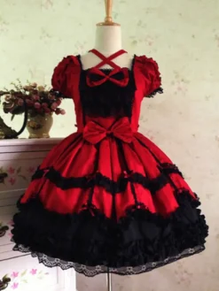 Belle robe à bretelles lolita en 100% coton color-block avec noeud Robe A Bretelles Sans Manches Déguisements Halloween