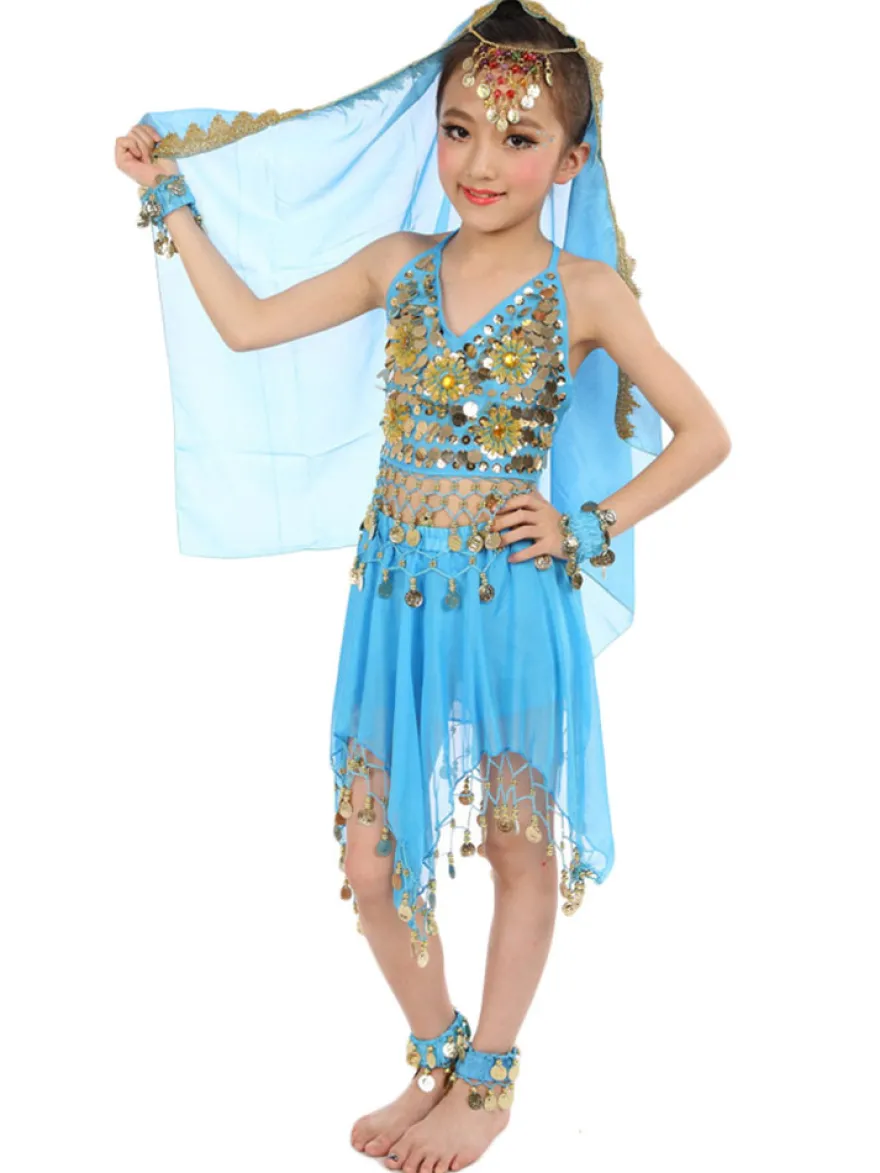 Belly Dance Costumes enfants robes de mousseline de soie rouge sans manche indienne Bollywood danse Déguisements Halloween