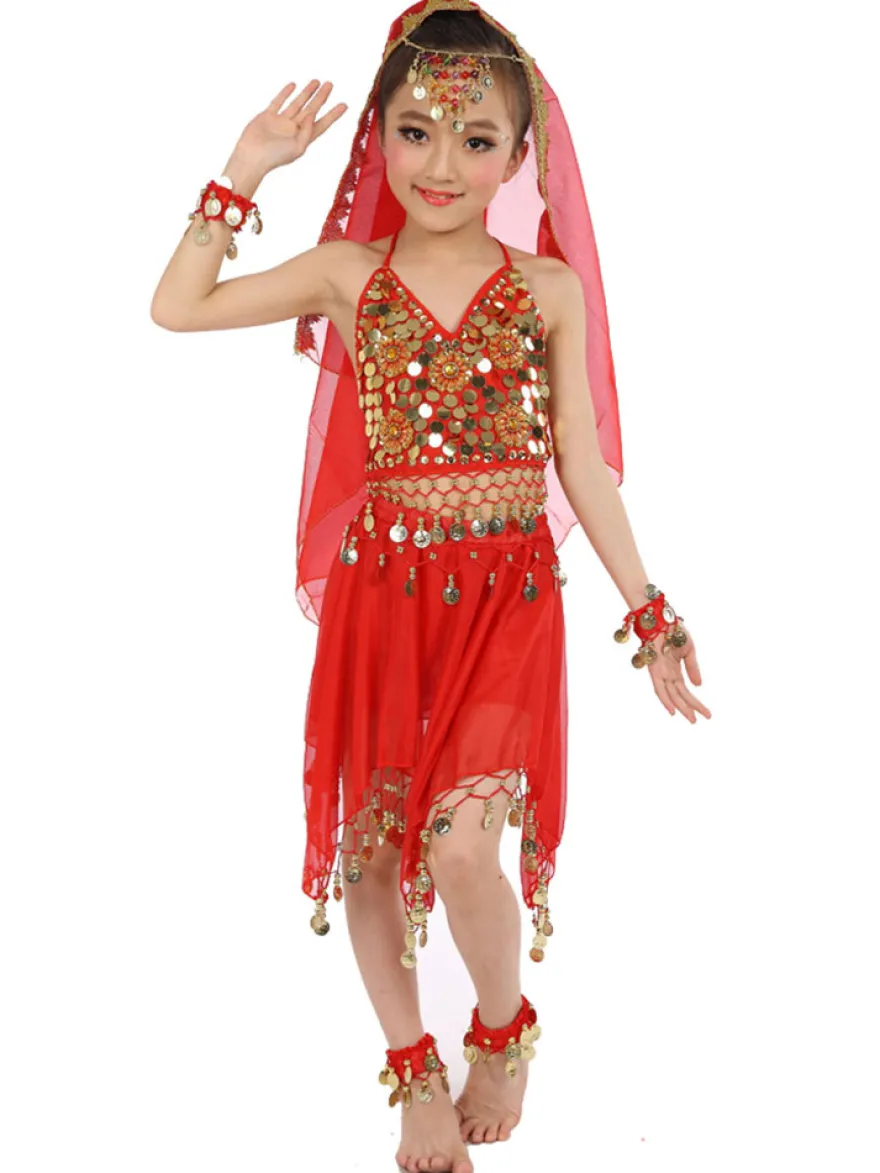 Belly Dance Costumes enfants robes de mousseline de soie rouge sans manche indienne Bollywood danse Déguisements Halloween
