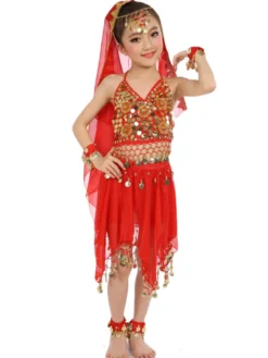 Belly Dance Costumes enfants robes de mousseline de soie rouge sans manche indienne Bollywood danse Déguisements Halloween