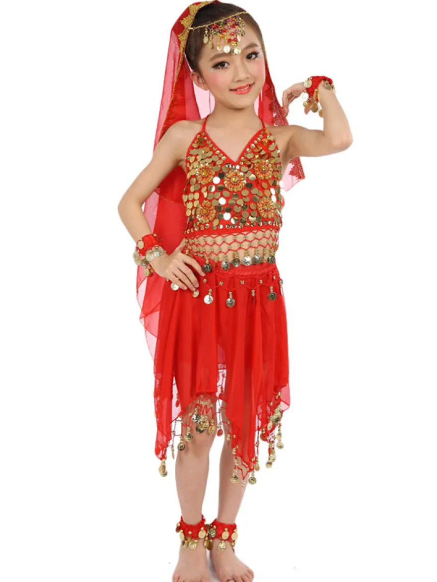 Belly Dance Costumes enfants robes de mousseline de soie rouge sans manche indienne Bollywood danse Déguisements Halloween