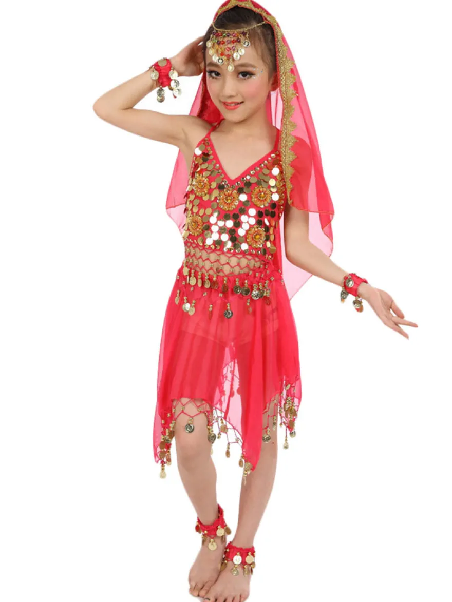 Belly Dance Costumes enfants robes de mousseline de soie rouge sans manche indienne Bollywood danse Déguisements Halloween