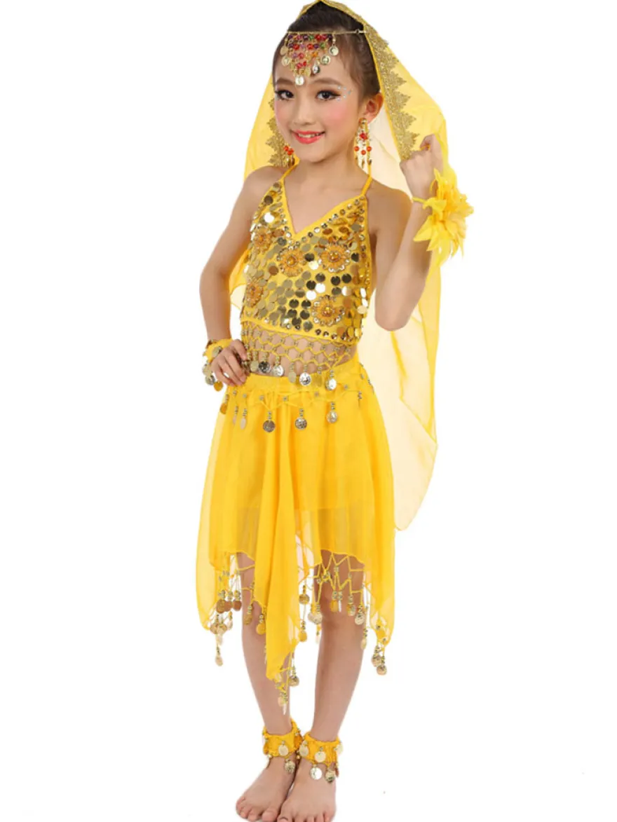 Belly Dance Costumes enfants robes de mousseline de soie rouge sans manche indienne Bollywood danse Déguisements Halloween