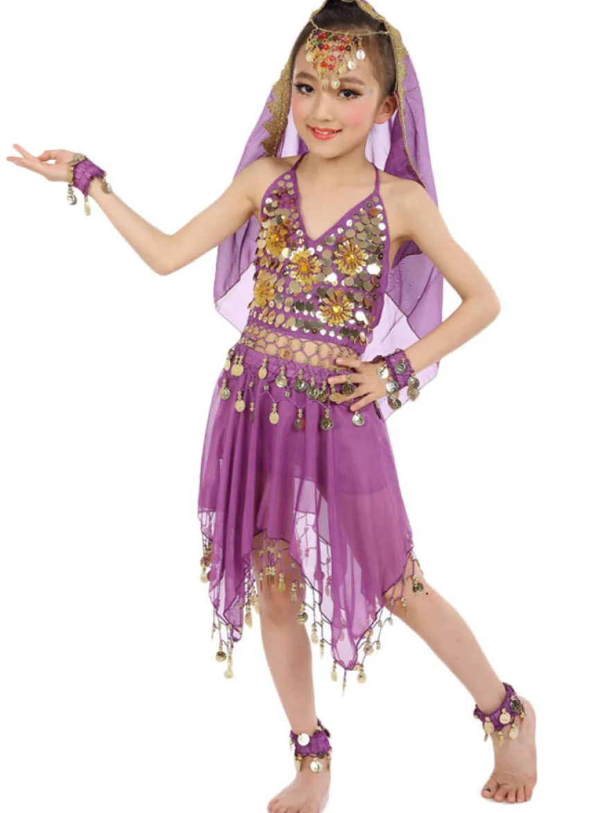 Belly Dance Costumes enfants robes de mousseline de soie rouge sans manche indienne Bollywood danse Déguisements Halloween