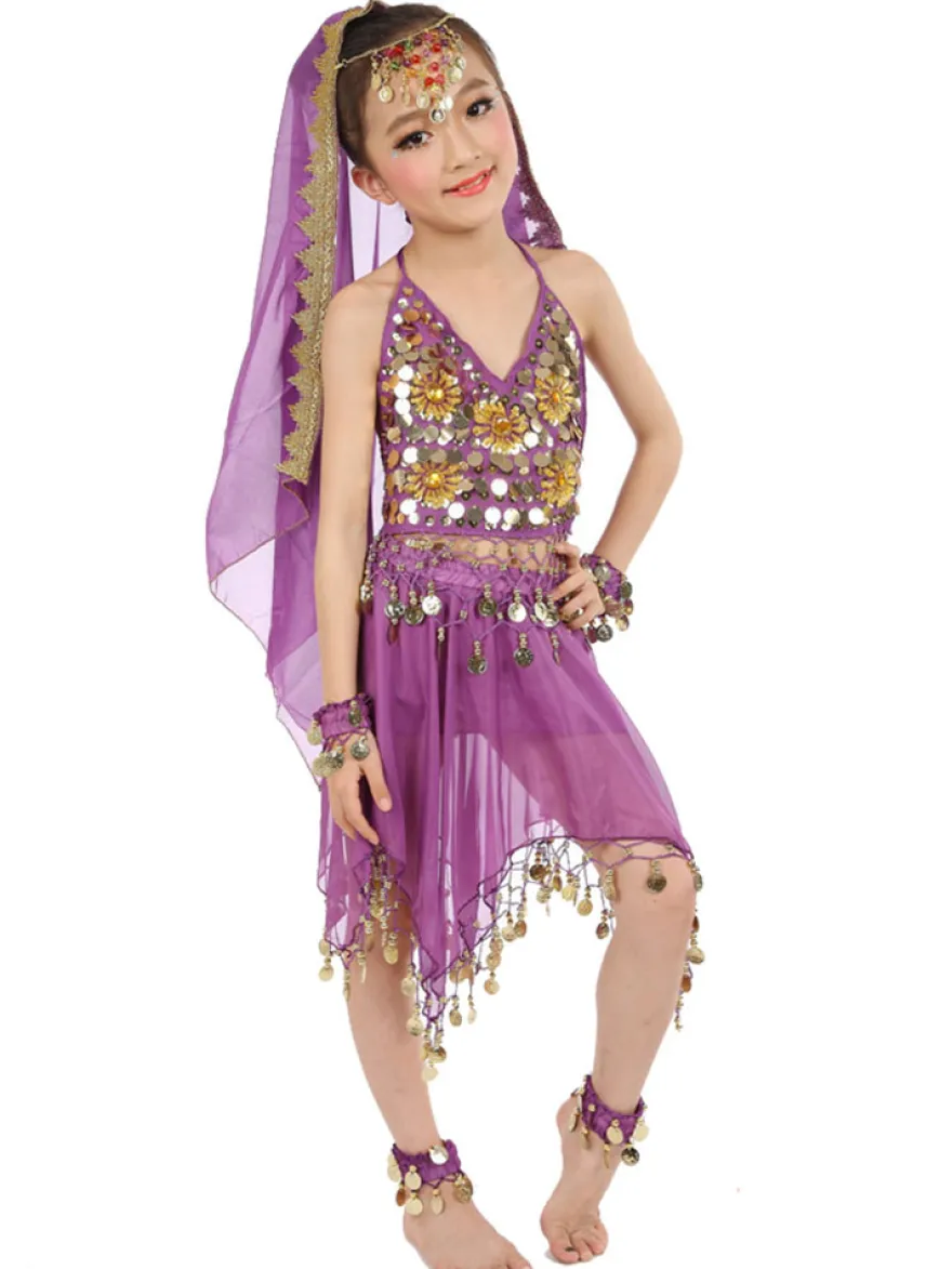 Belly Dance Costumes enfants robes de mousseline de soie rouge sans manche indienne Bollywood danse Déguisements Halloween