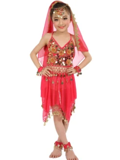 Belly Dance Costumes enfants robes de mousseline de soie rouge sans manche indienne Bollywood danse Déguisements Halloween