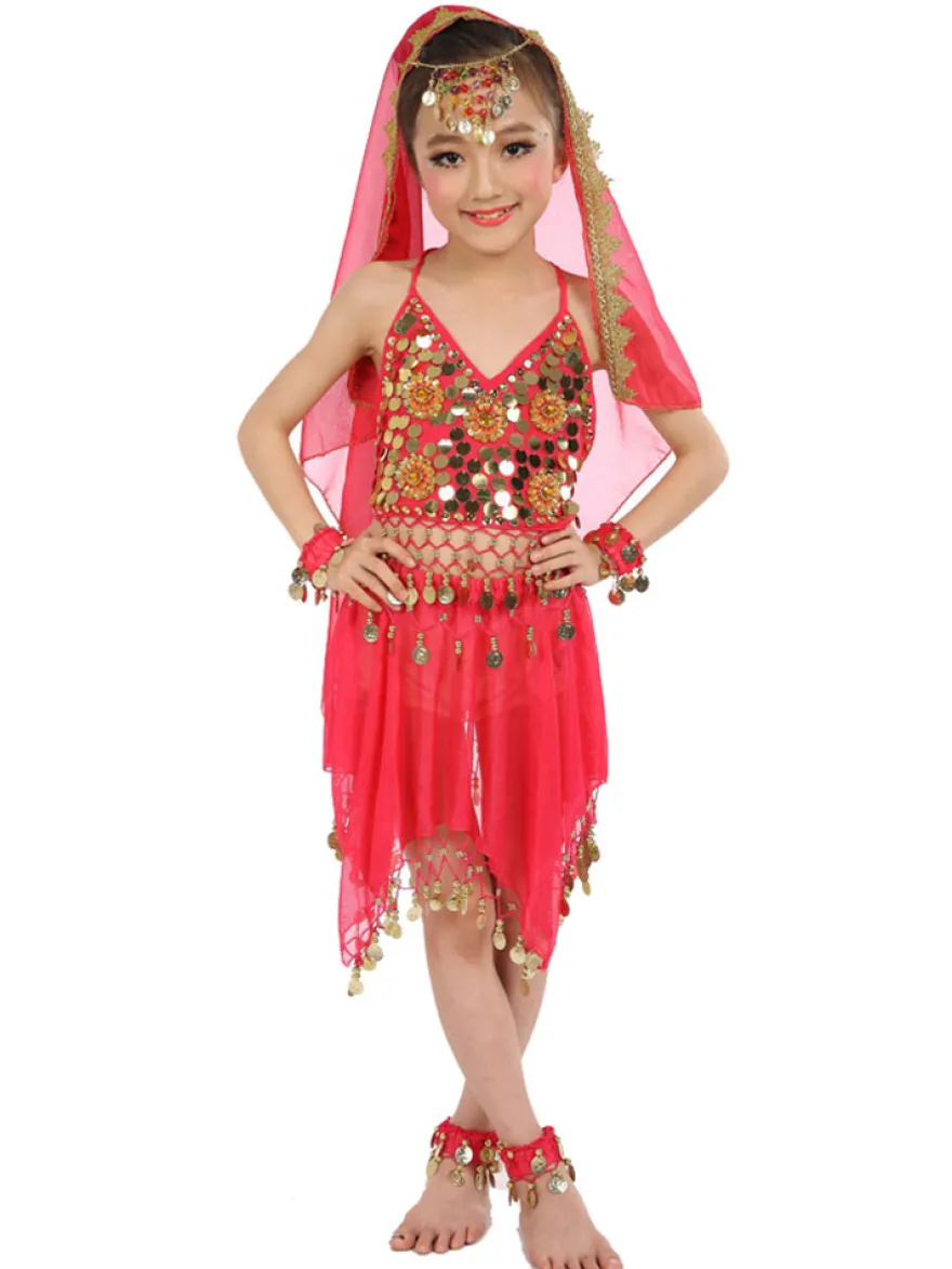Belly Dance Costumes enfants robes de mousseline de soie rouge sans manche indienne Bollywood danse Déguisements Halloween