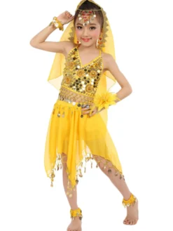 Belly Dance Costumes enfants robes de mousseline de soie rouge sans manche indienne Bollywood danse Déguisements Halloween