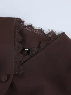 Blazer court à col V orné de dentelle veste de tailleur cintrée pour femme avec ras-de-cou amovible