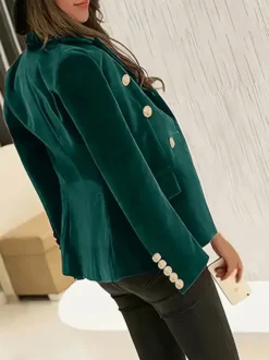 Blazer croisé en velours à revers et boutons dorés coupe cintrée élégante manches longues pour femme